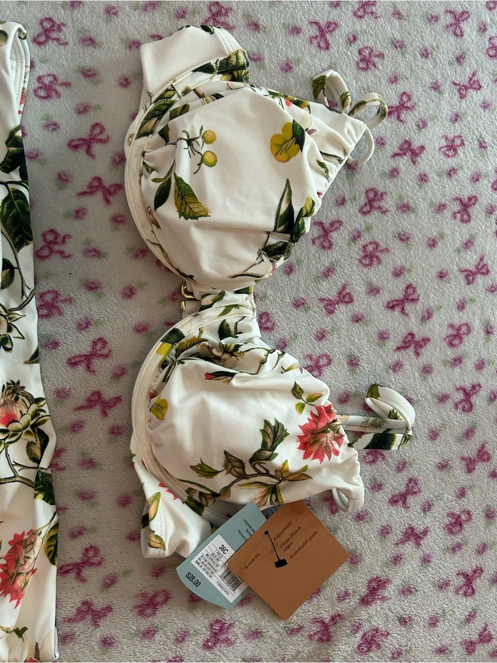 Floral Print Underwire Bikini Set - White with Green & Pink